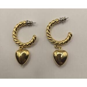 goldtone Open Hoop Twisted Design Heart Dangle Earrings C Shape Hoop